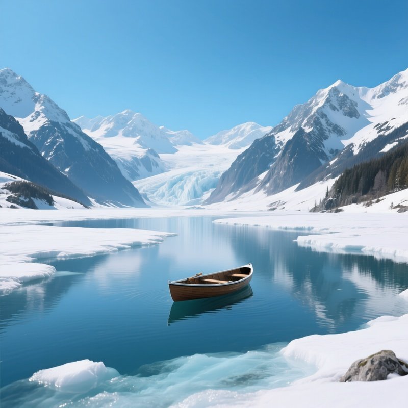 A Serene Alpine Lake Fed By Glacial Meltwater, Surrounded By Snow‑Capped Peaks, A Lone Rowboat