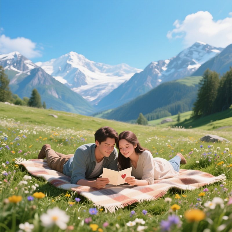 A Serene Alpine Meadow Dotted With Wildflowers, A Couple Lies On A Blanket Reading Love Letters,