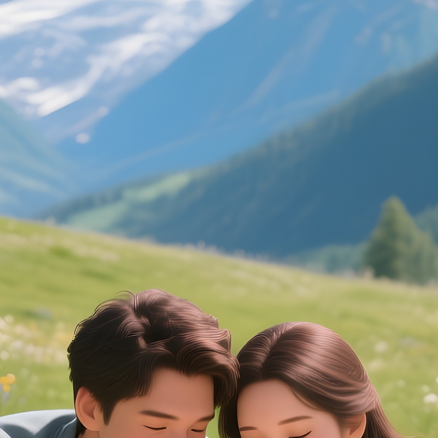 A Serene Alpine Meadow Dotted With Wildflowers, A Couple Lies On A Blanket Reading Love Letters, - Full Resolution Quality Preview
