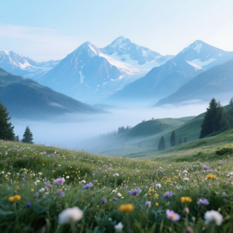 A Serene Alpine Meadow Dotted With Wildflowers, Distant Snow‑Capped Peaks Rendered In Cool Blue