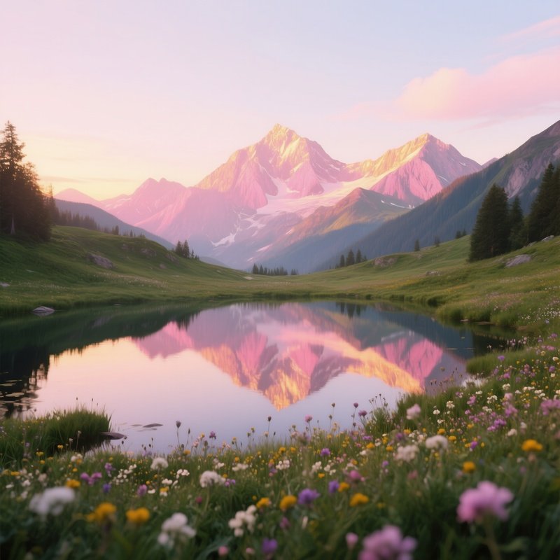 A Serene Alpine Meadow Dotted With Wildflowers, Mountains Reflected In A Crystal Clear Lake,