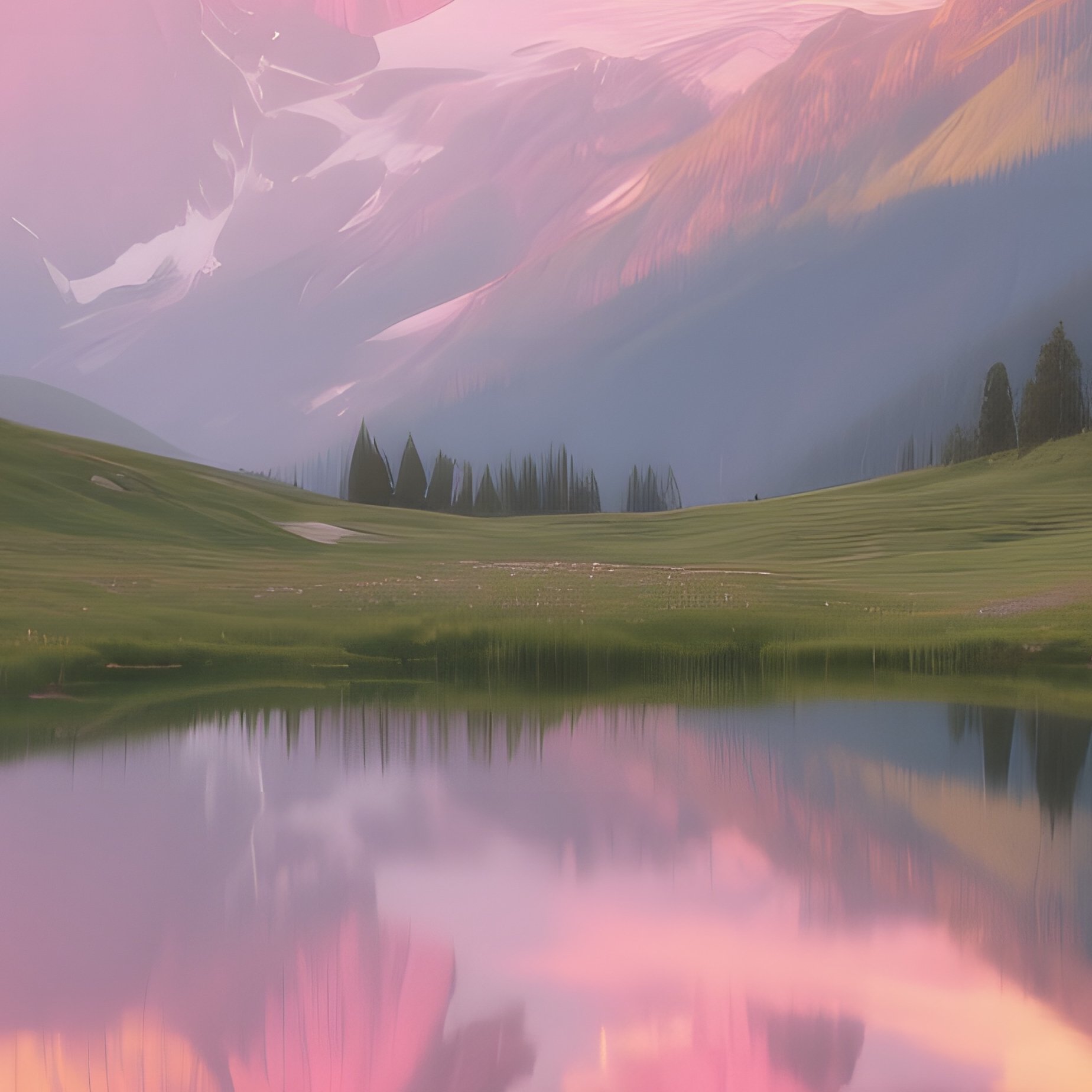 A Serene Alpine Meadow Dotted With Wildflowers, Mountains Reflected In A Crystal Clear Lake, - Full Resolution Quality Preview