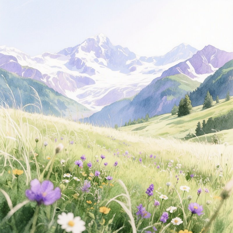 A Serene Alpine Meadow Dotted With Wildflowers, Distant Snow Capped Peaks, Watercolor Palette Of
