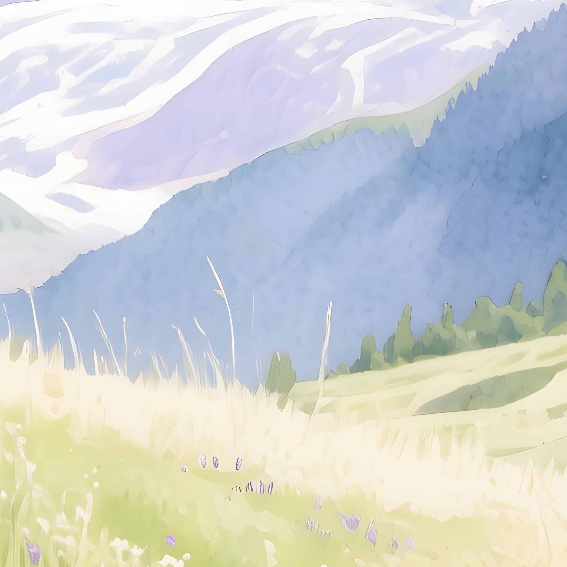 A Serene Alpine Meadow Dotted With Wildflowers, Distant Snow Capped Peaks, Watercolor Palette Of - Full Resolution Quality Preview