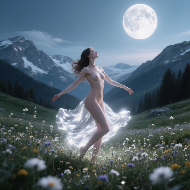 A Serene Alpine Meadow Under A Full Moon, A Naked Woman Dancing Among Wildflowers, Silver Light