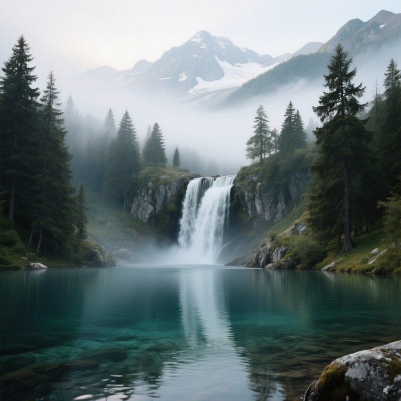 A Serene Alpine Waterfall Tumbling Into A Crystal Clear Mountain Lake Surrounded By Pine Trees,