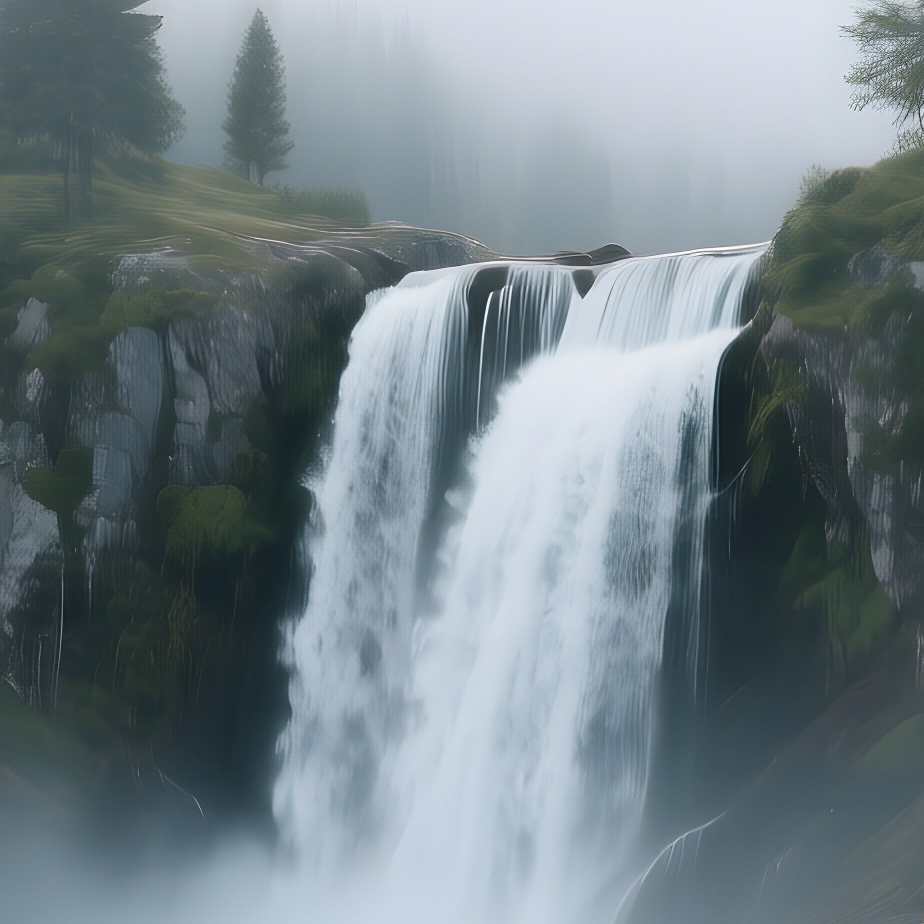A Serene Alpine Waterfall Tumbling Into A Crystal Clear Mountain Lake Surrounded By Pine Trees, - Full Resolution Quality Preview