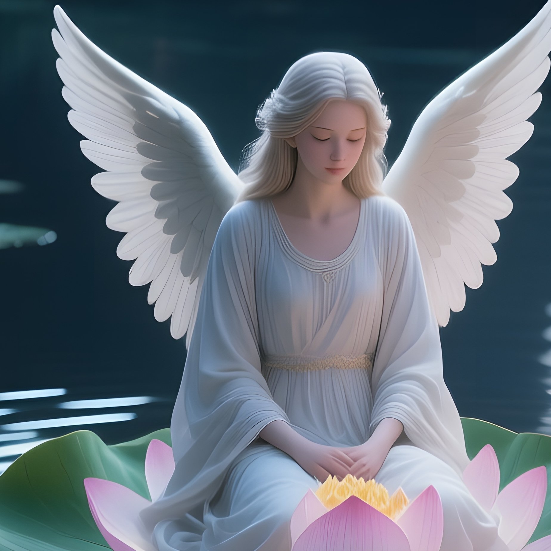 A Serene Angel Seated On A Lotus Leaf In A Tranquil Koi Pond At Night, Lanterns Floating Around And - Full Resolution Quality Preview