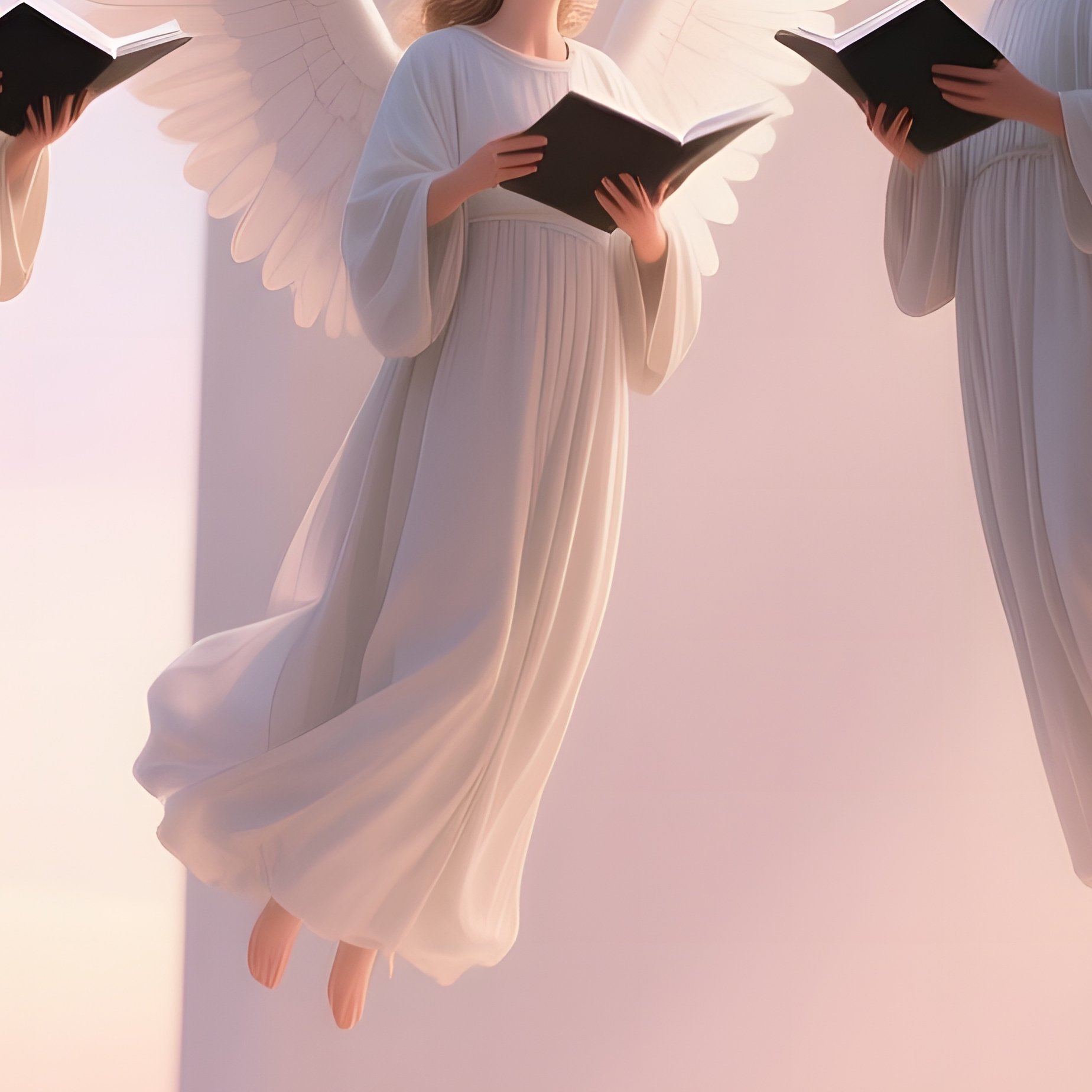 A Serene Angelic Choir Of Three Figures Floating Above A Marble Cathedral Balcony At Dawn, Soft - Full Resolution Quality Preview