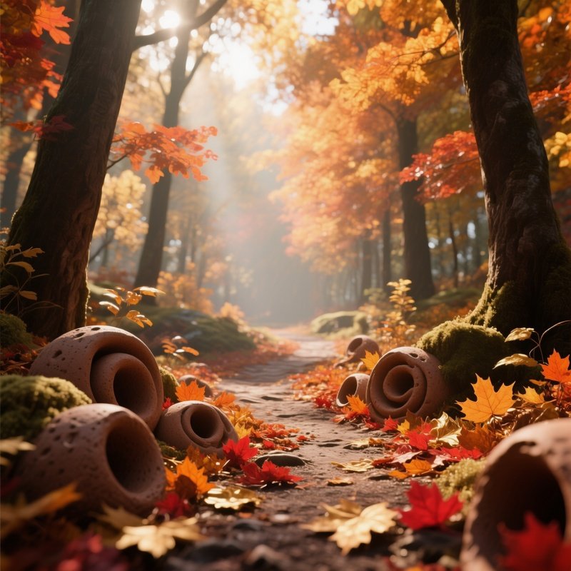 A Serene Autumn Forest Trail, Leaves In Shades Of Orange, Red And Gold Sculpted From Textured Clay,