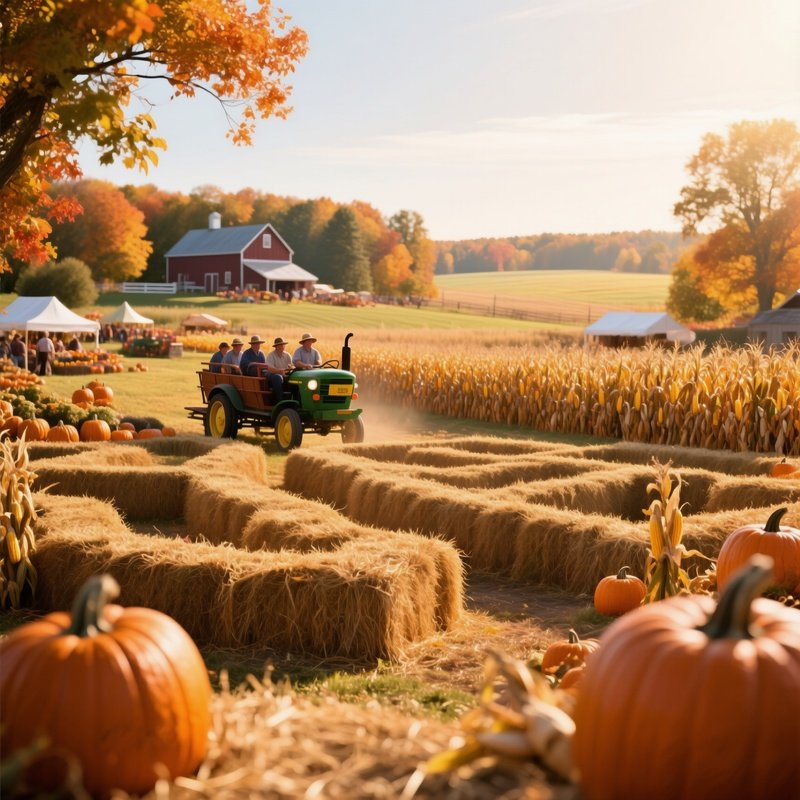 A Serene Autumn Harvest Festival In A Wisconsin Farm, Hayrides, Pumpkin Patches, Corn Mazes, Golden