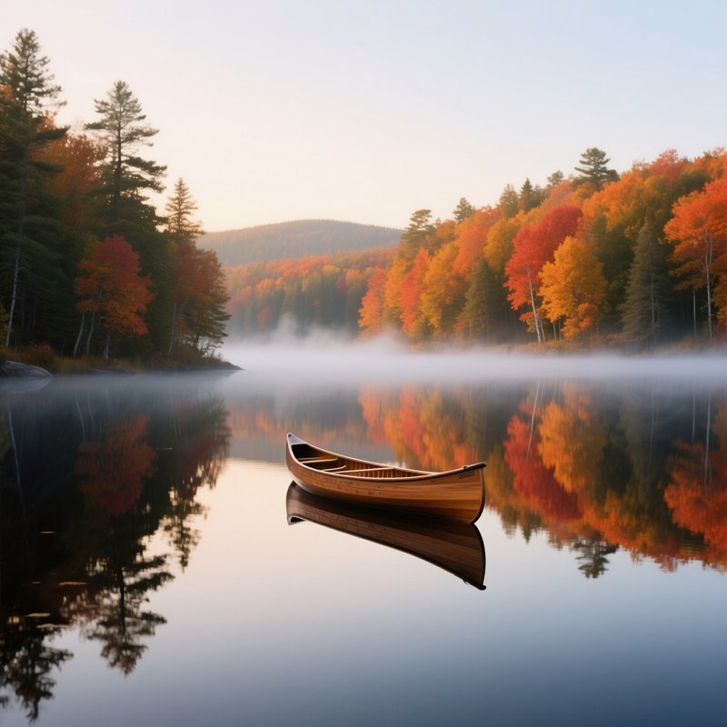 A Serene Autumn Lake Scene In Maine, Mirror‑Like Water Reflecting Fiery Foliage, Wooden Canoe