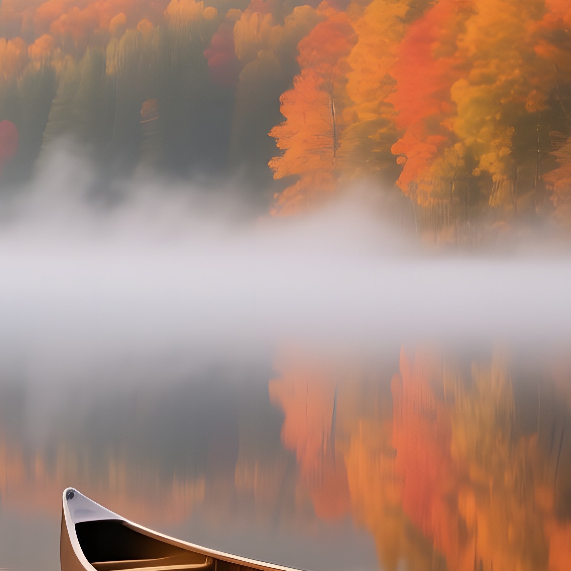 A Serene Autumn Lake Scene In Maine, Mirror‑Like Water Reflecting Fiery Foliage, Wooden Canoe - Full Resolution Quality Preview