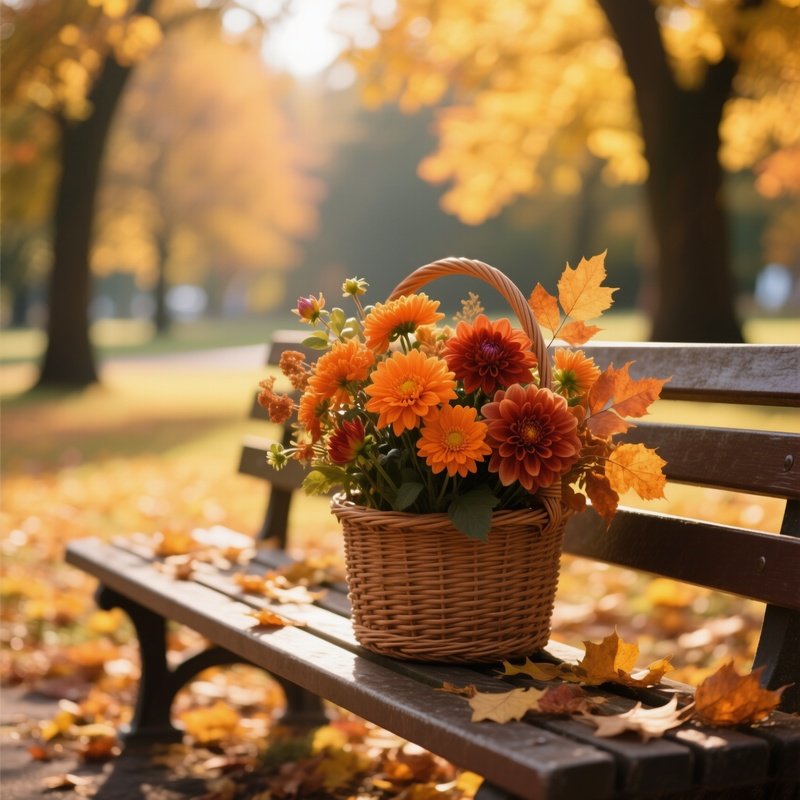 A Serene Autumn Park Bench Under Golden Leaves, Where A Wicker Basket Holds A Warm Bouquet Of