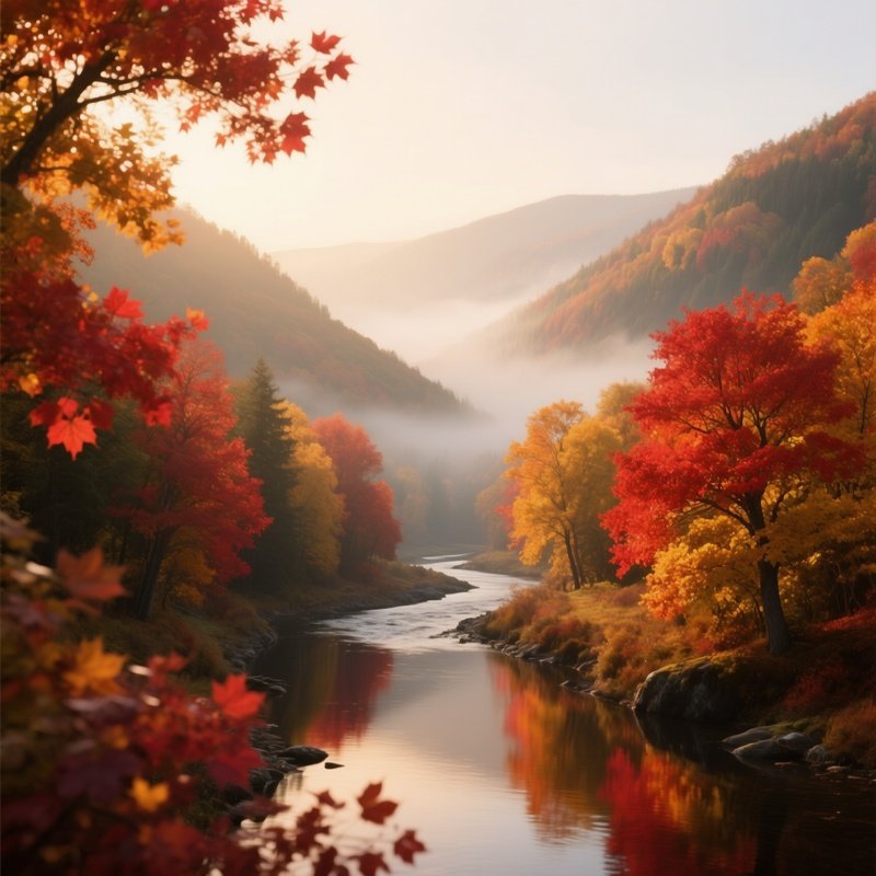 A Serene Autumn Valley Bathed In Soft Amber Light, Maple Trees Ablaze With Red And Gold Leaves, A