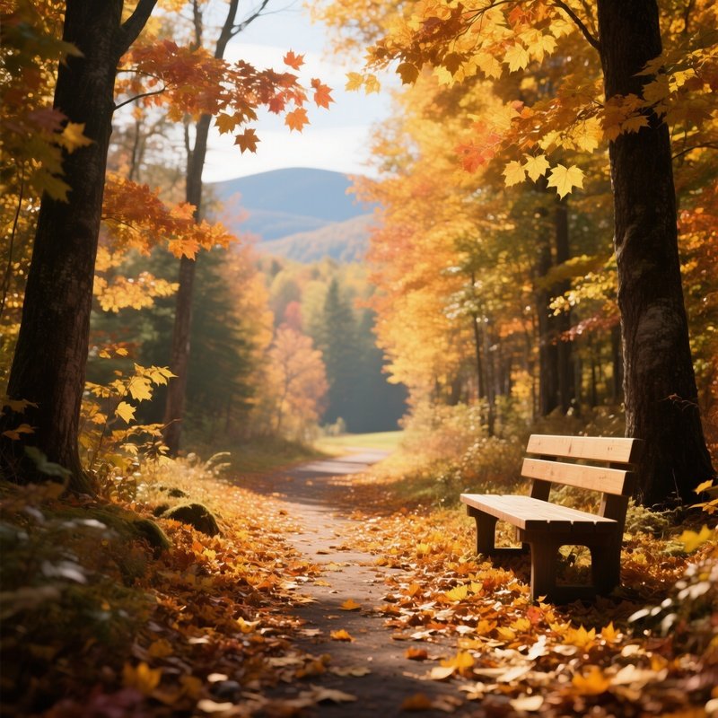 A Serene Autumnal Forest Path In Vermont, Leaf‑Covered Ground, Golden Sunlight Filtering Through