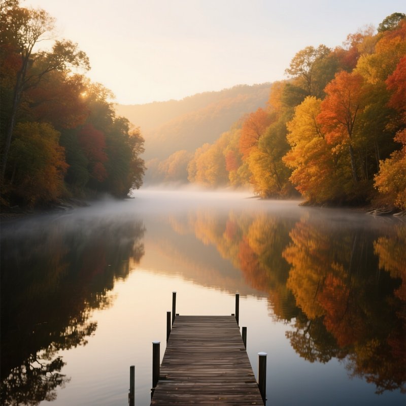 A Serene Autumnal River Bend In Kentucky, Fall Foliage Mirrored In Calm Water, Wooden Dock