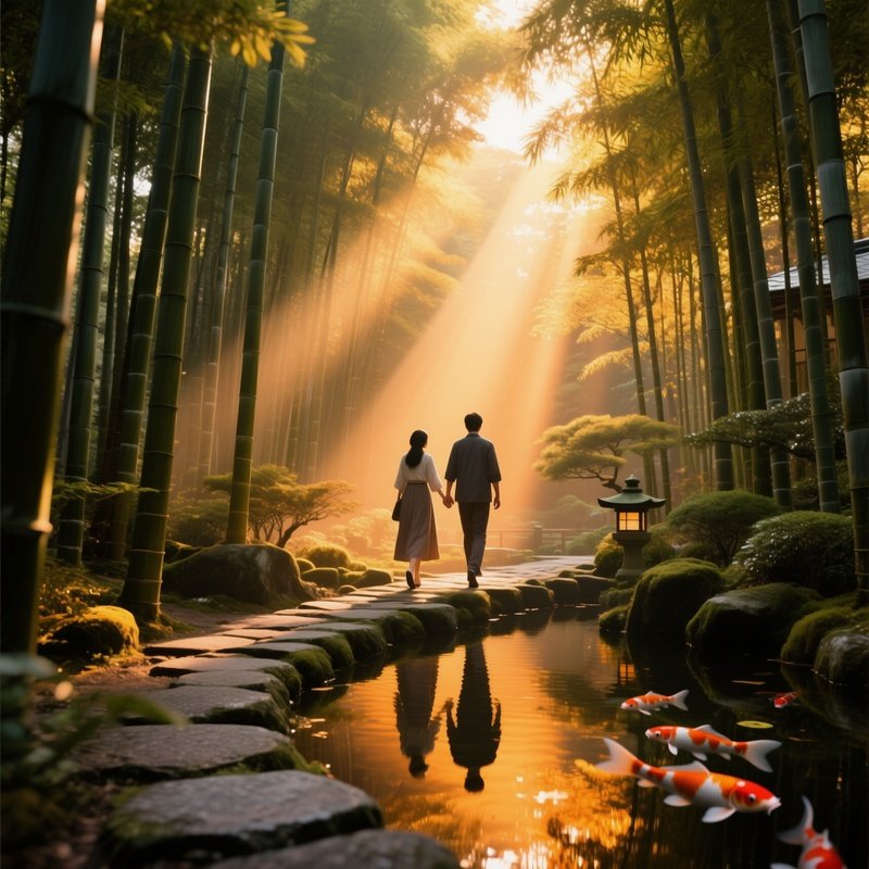 A Serene Bamboo Forest In Kyoto At Golden Hour, Shafts Of Light Piercing The Canopy, A Couple Walks