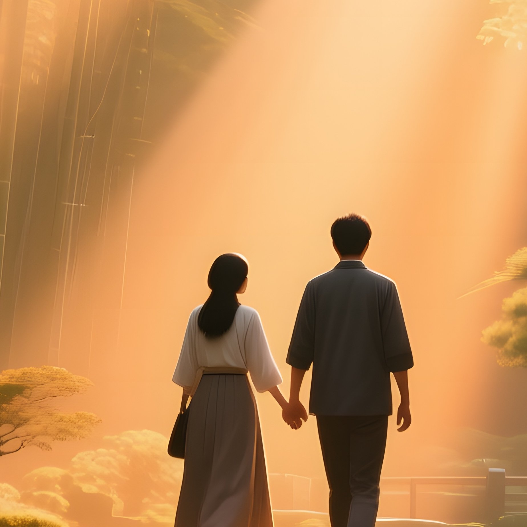 A Serene Bamboo Forest In Kyoto At Golden Hour, Shafts Of Light Piercing The Canopy, A Couple Walks - Full Resolution Quality Preview