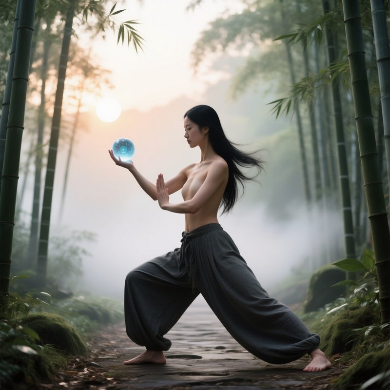 A Serene Bamboo Forest Path At Sunrise, A Tranquil Model With Flowing Black Hair Practices Tai Chi