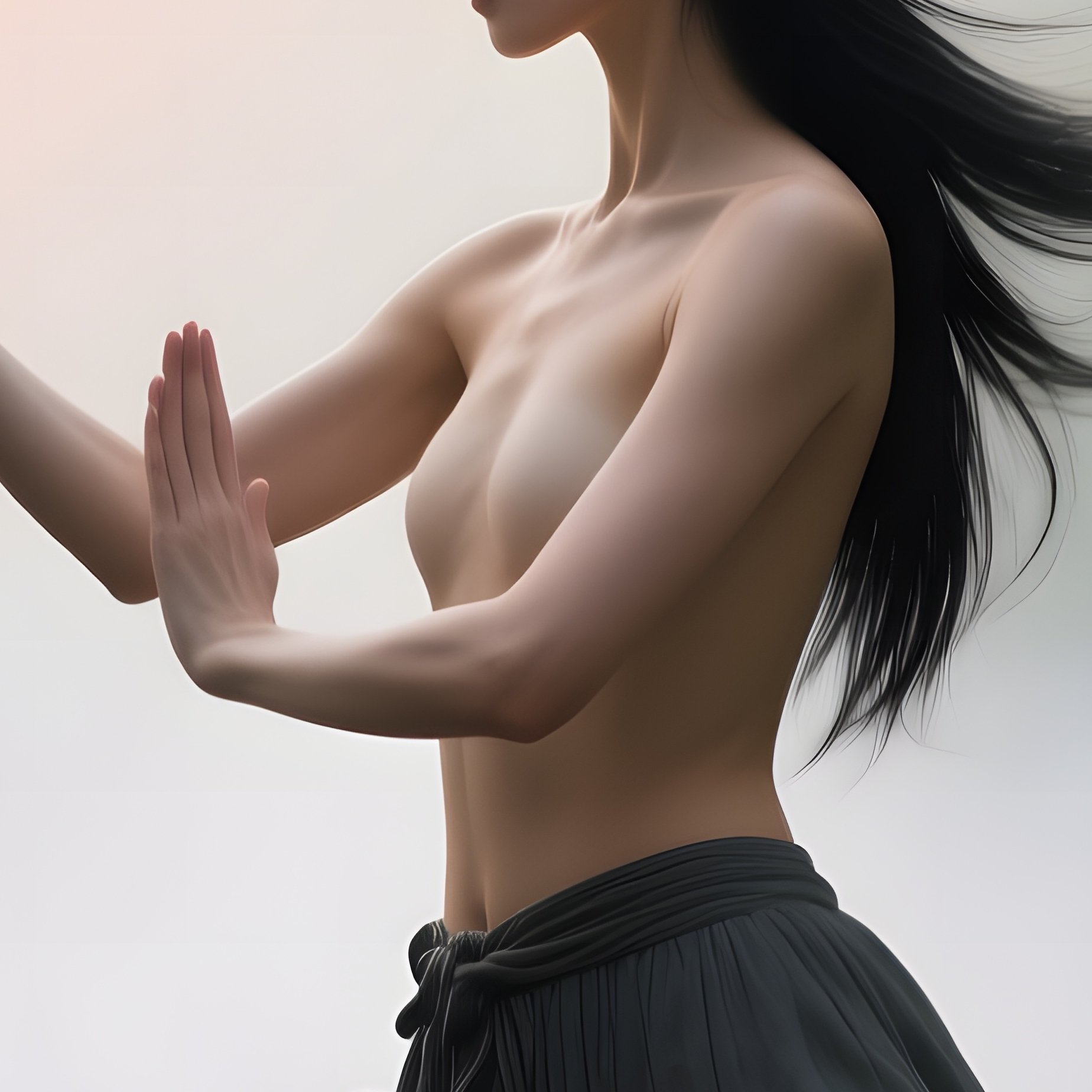 A Serene Bamboo Forest Path At Sunrise, A Tranquil Model With Flowing Black Hair Practices Tai Chi - Full Resolution Quality Preview