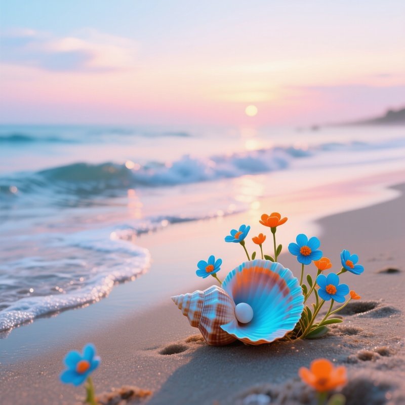 A Serene Beach At Dawn Where Pop‑Art Seashells Sprout Tiny Blossoms In Electric Blue And Orange,