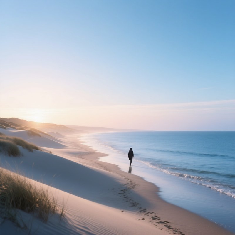 A Serene Beach At Dawn, With The First Light Of Day Casting A Soft Glow On The Sand Dunes, A Lone