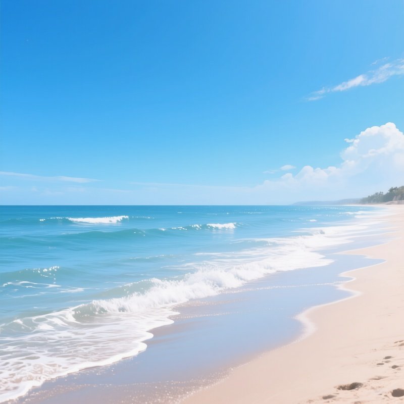 A Serene Beach At Midday, With A Clear Blue Sky, Gentle Waves Lapping At The Shore, And A Sense Of