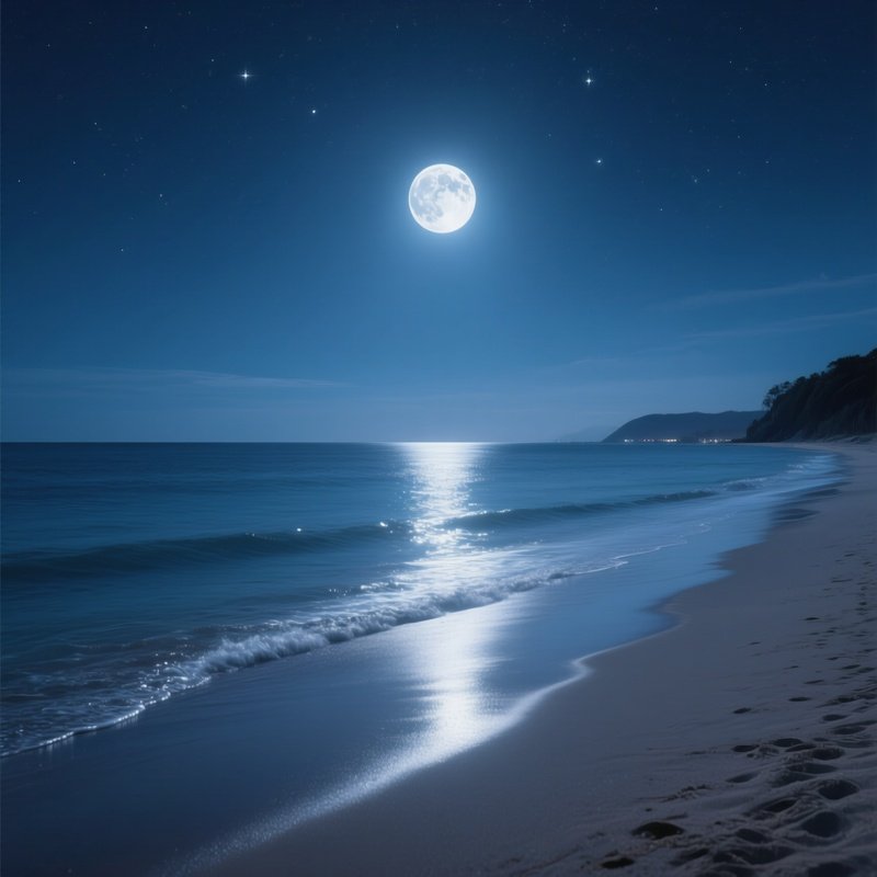 A Serene Beach At Night, With The Full Moon Casting A Silver Path On The Calm Sea, The Sand Glowing