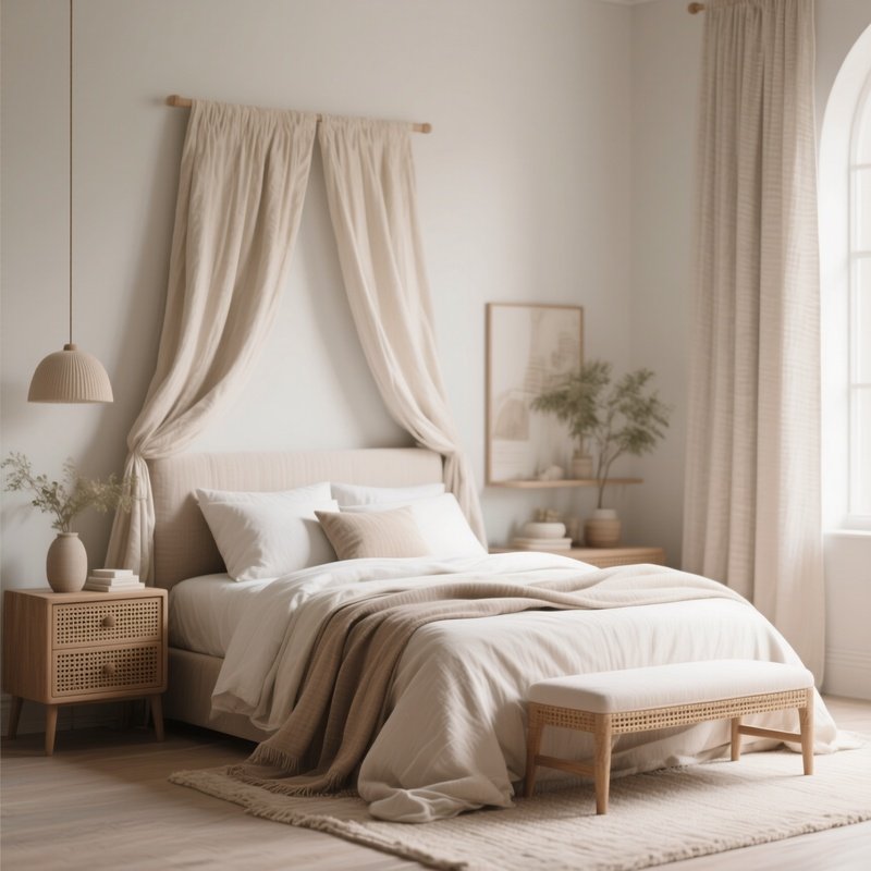 A Serene Bedroom Interior With Layered Textiles, Soft Neutral Colors, And Handcrafted Furniture