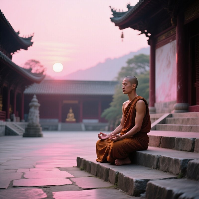 A Serene Buddhist Monastery Courtyard, A Naked Monk Seated In Meditation On Stone Steps, Sunrise