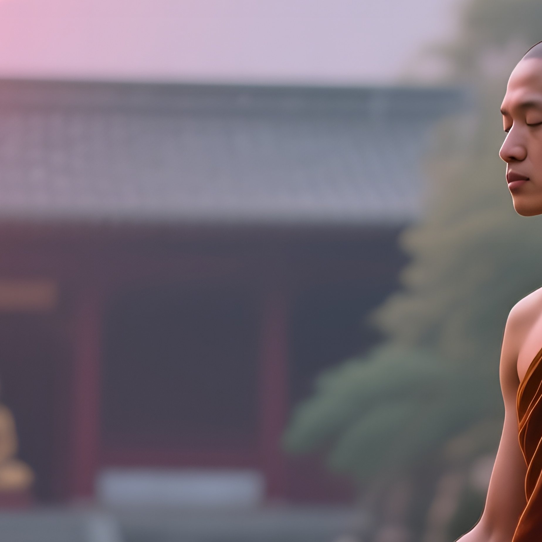 A Serene Buddhist Monastery Courtyard, A Naked Monk Seated In Meditation On Stone Steps, Sunrise - Full Resolution Quality Preview