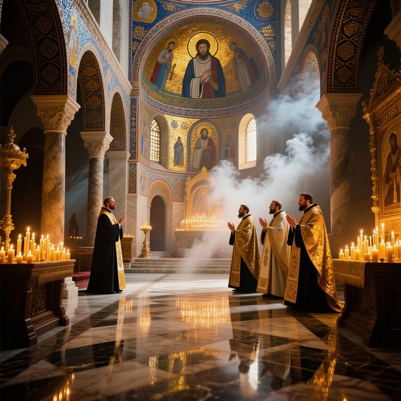 A Serene Byzantine Cathedral Interior Lit By Golden Candlelight, Mosaics Reflecting Off Polished