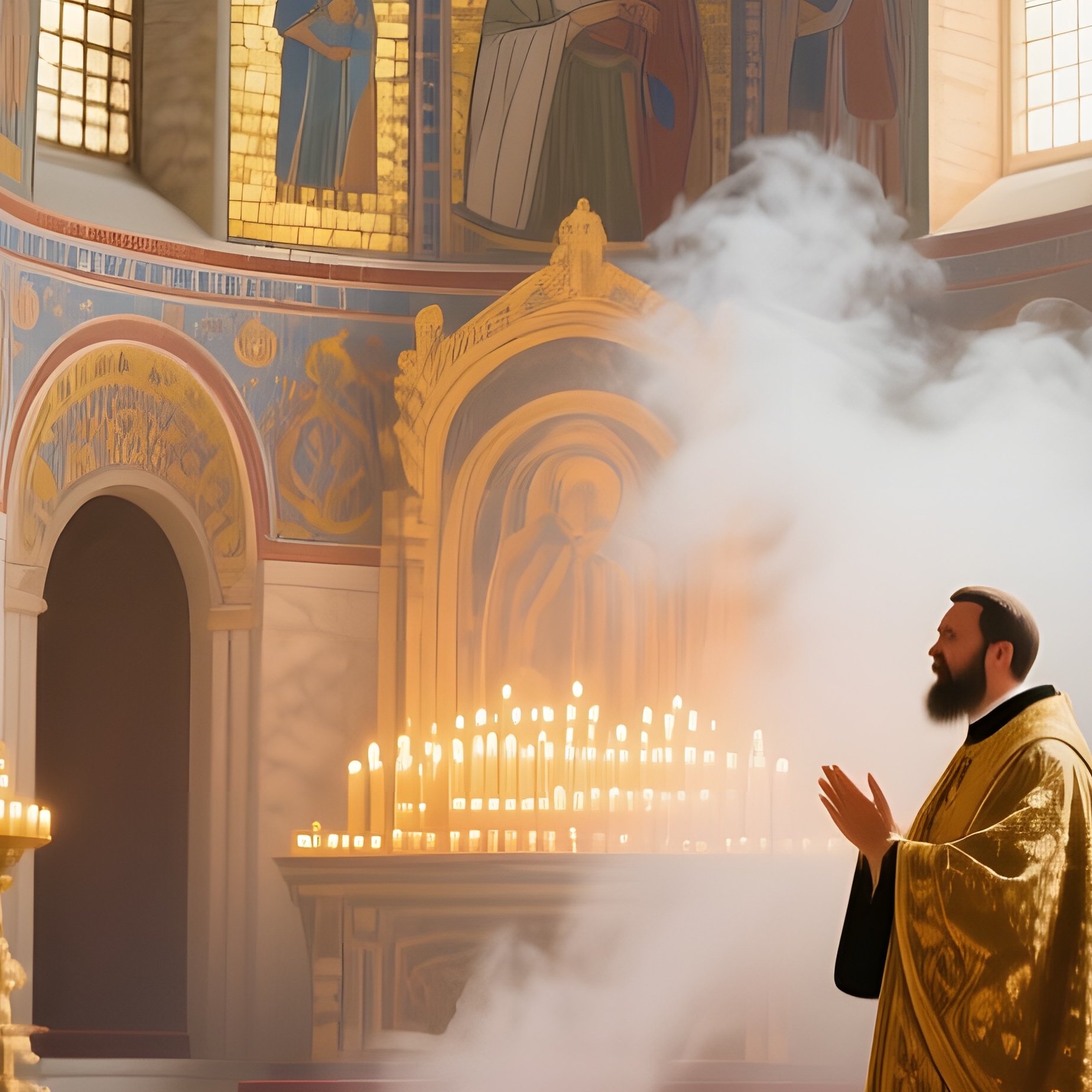 A Serene Byzantine Cathedral Interior Lit By Golden Candlelight, Mosaics Reflecting Off Polished - Full Resolution Quality Preview