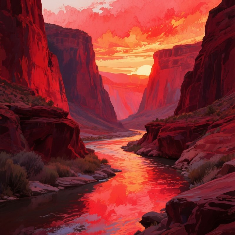 A Serene Canyon River Winding Through Red Rock Cliffs, Sunset Casting A Fiery Glow, Watercolor Rich