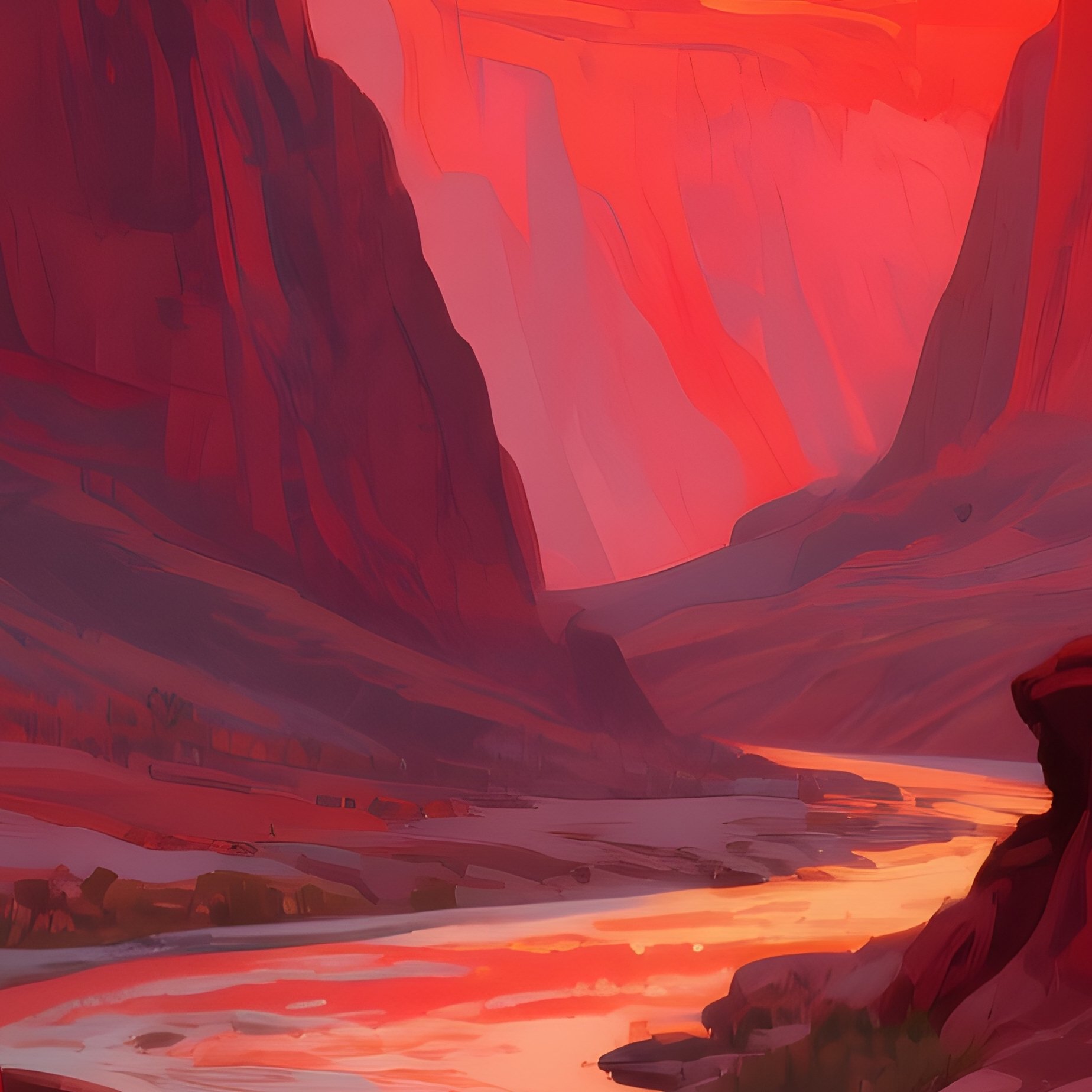 A Serene Canyon River Winding Through Red Rock Cliffs, Sunset Casting A Fiery Glow, Watercolor Rich - Full Resolution Quality Preview