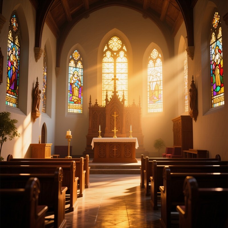 A Serene Chapel Interior Bathed In Golden Sunrise, Intricate Wood Carvings On The Altar, And