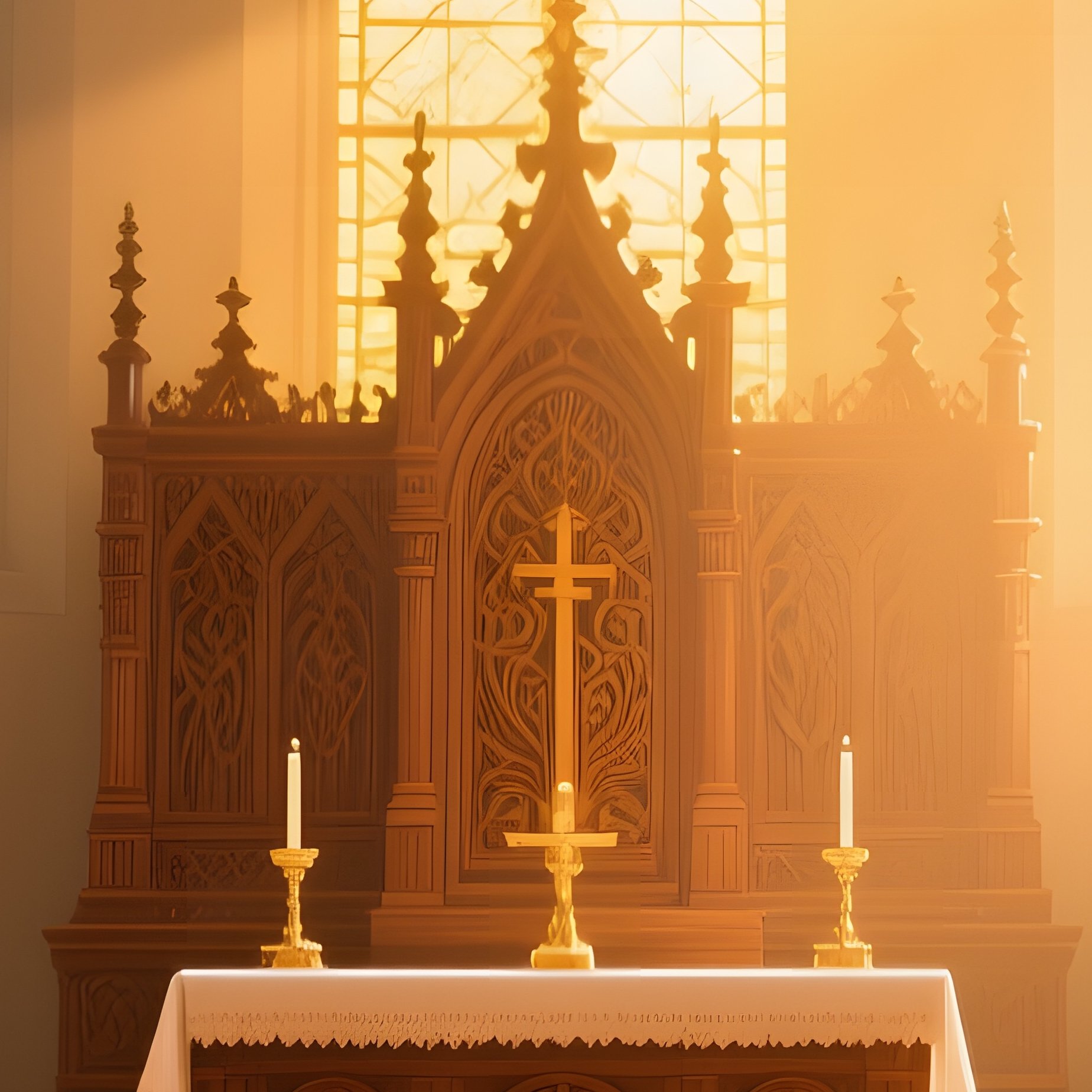 A Serene Chapel Interior Bathed In Golden Sunrise, Intricate Wood Carvings On The Altar, And - Full Resolution Quality Preview