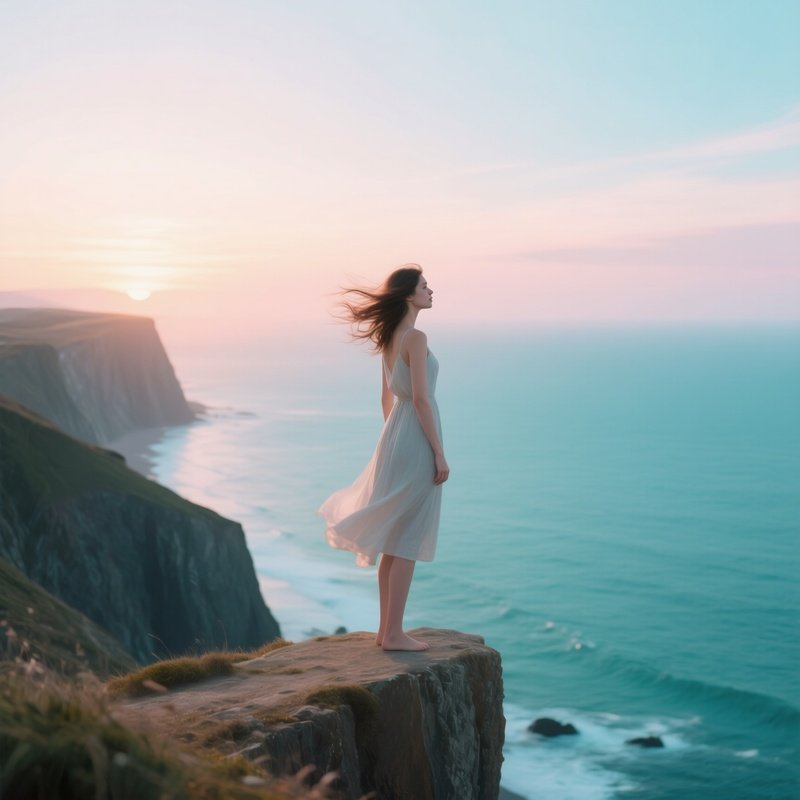 A Serene Coastal Cliff At Sunrise, A Female Figure Standing On The Edge, Wind Whipping Her Hair,