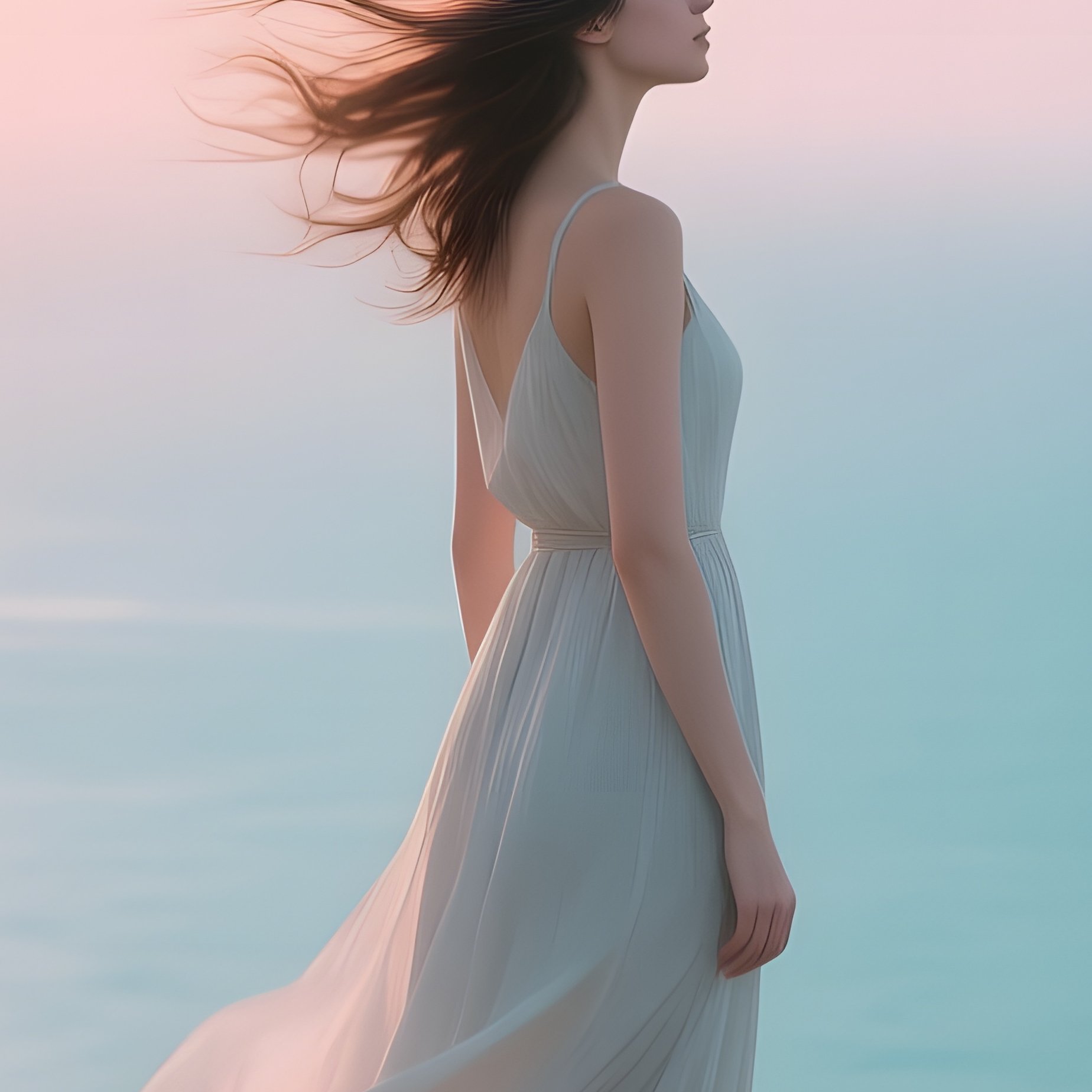 A Serene Coastal Cliff At Sunrise, A Female Figure Standing On The Edge, Wind Whipping Her Hair, - Full Resolution Quality Preview