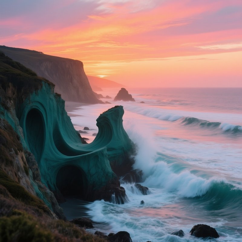 A Serene Coastal Cliff At Sunset, Waves Crashing Against Rock Formations Sculpted From Deep Teal