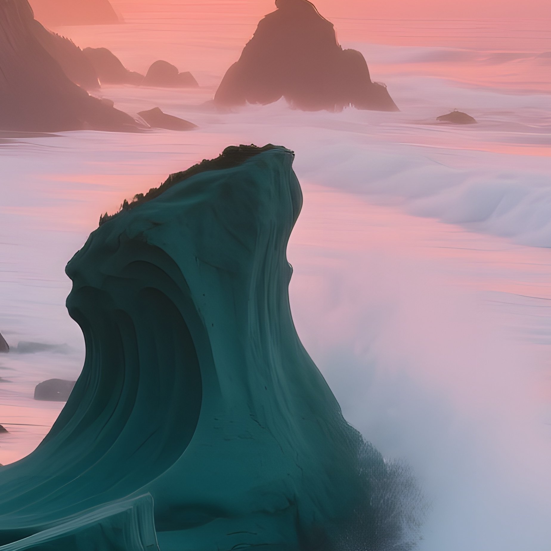 A Serene Coastal Cliff At Sunset, Waves Crashing Against Rock Formations Sculpted From Deep Teal - Full Resolution Quality Preview