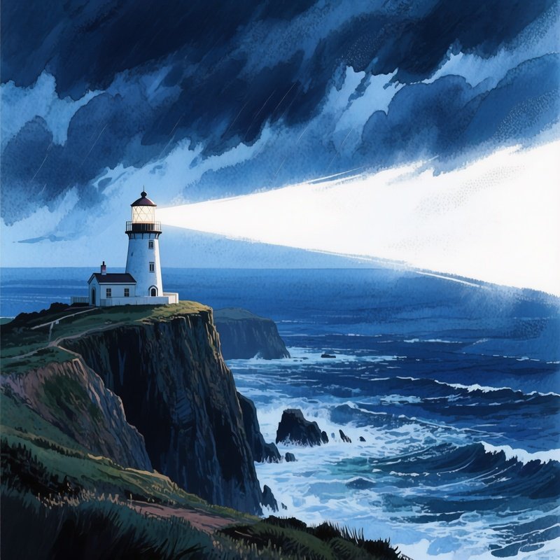 A Serene Coastal Cliff With Lighthouse Beacon Sweeping Across Stormy Sea, Watercolor Dark Blues And