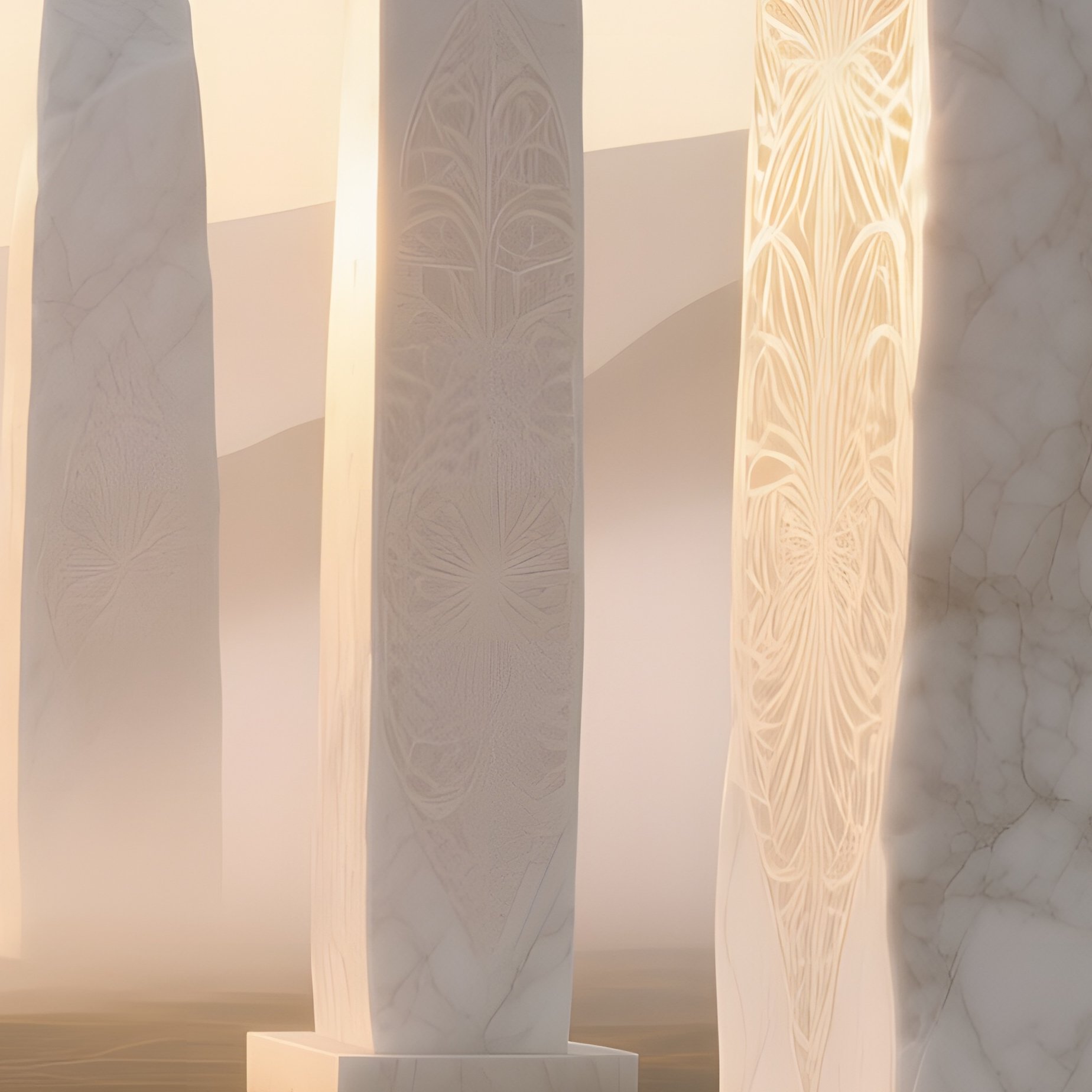 A Serene Coastal Cliffside Installation Of Towering White Marble Monoliths, Each Etched With - Full Resolution Quality Preview