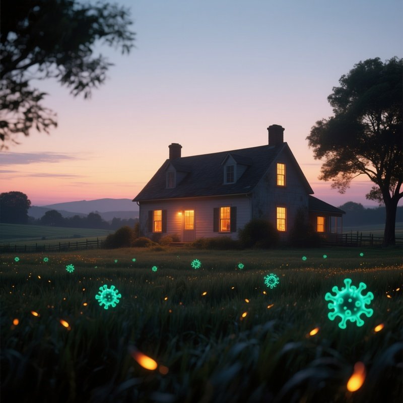 A Serene Countryside Farmhouse At Dusk, Windows Glowing Warm While Faint Neon Virus Patterns Drift