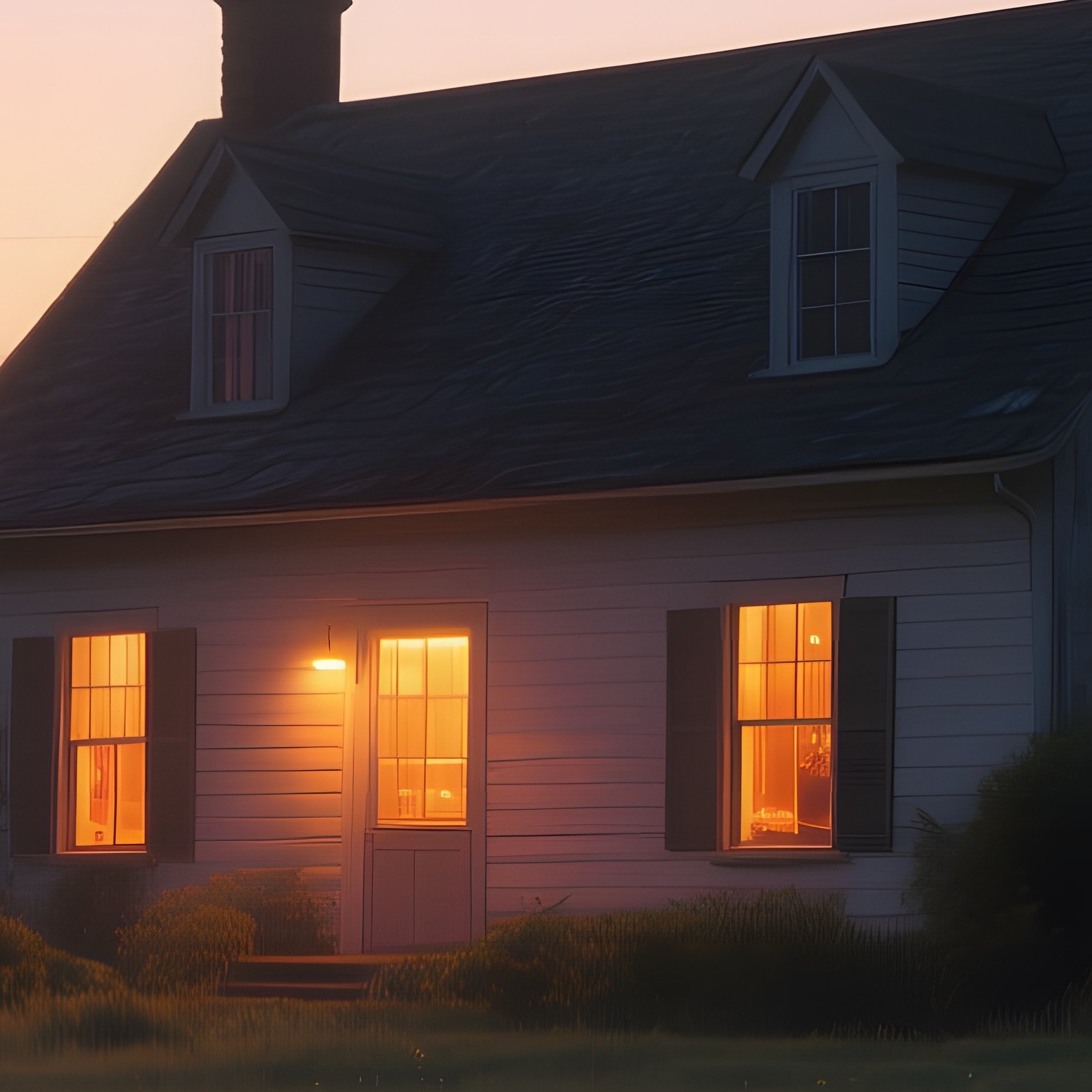 A Serene Countryside Farmhouse At Dusk, Windows Glowing Warm While Faint Neon Virus Patterns Drift - Full Resolution Quality Preview
