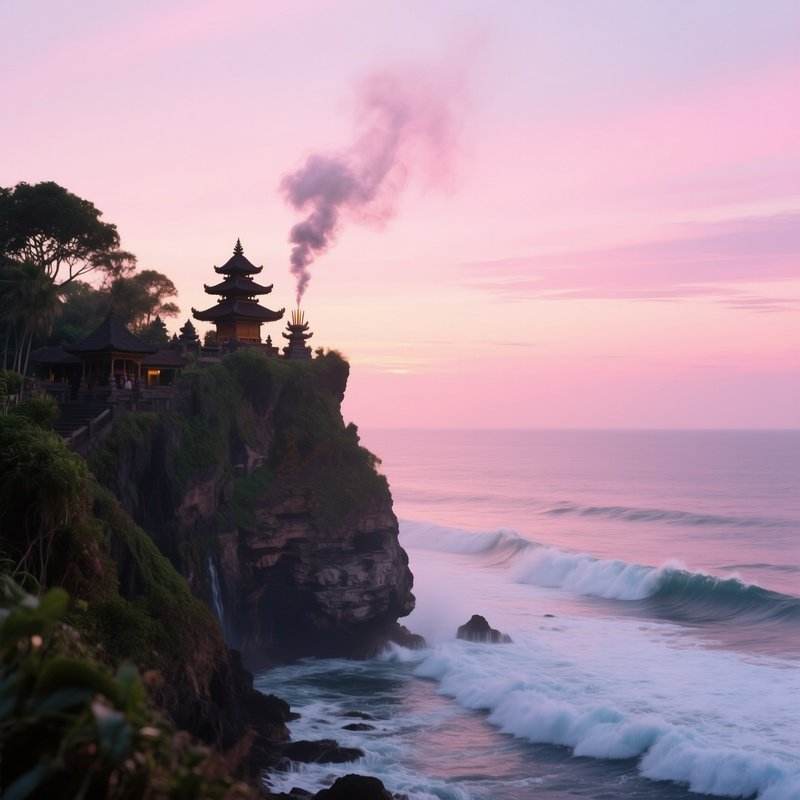 A Serene Dawn At A Balinese Cliffside Temple, Ocean Waves Crashing Below, Incense Smoke Rising Into