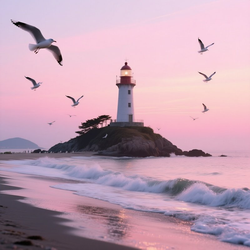 A Serene Dawn On A Korean Island Lighthouse, Waves Gently Lapping The Shore, Seagulls Calling As