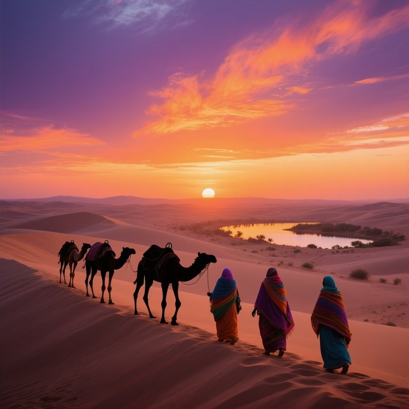 A Serene Desert Caravan Crossing Dunes At Sunset, Camels Silhouetted Against A Sky Ablaze With