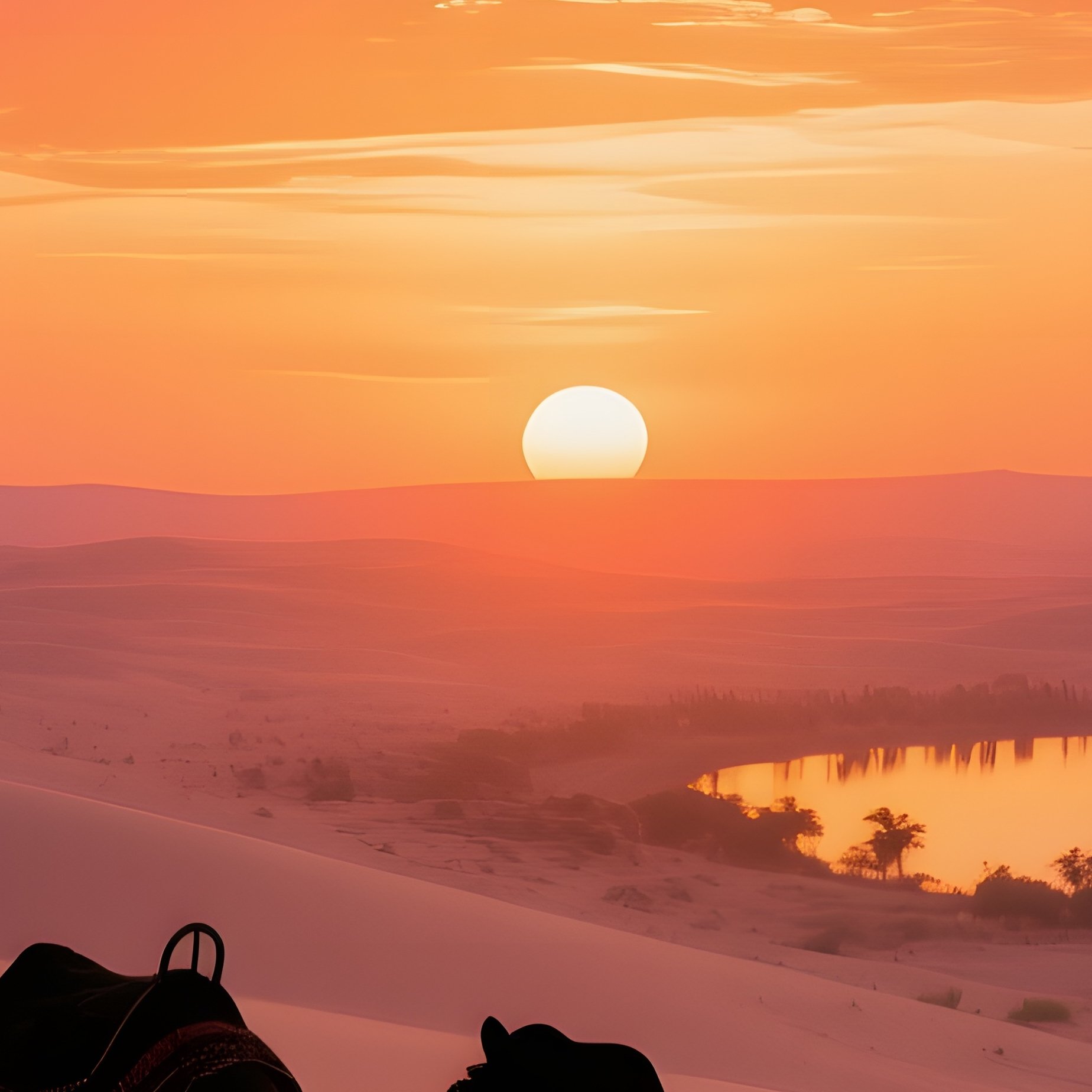 A Serene Desert Caravan Crossing Dunes At Sunset, Camels Silhouetted Against A Sky Ablaze With - Full Resolution Quality Preview
